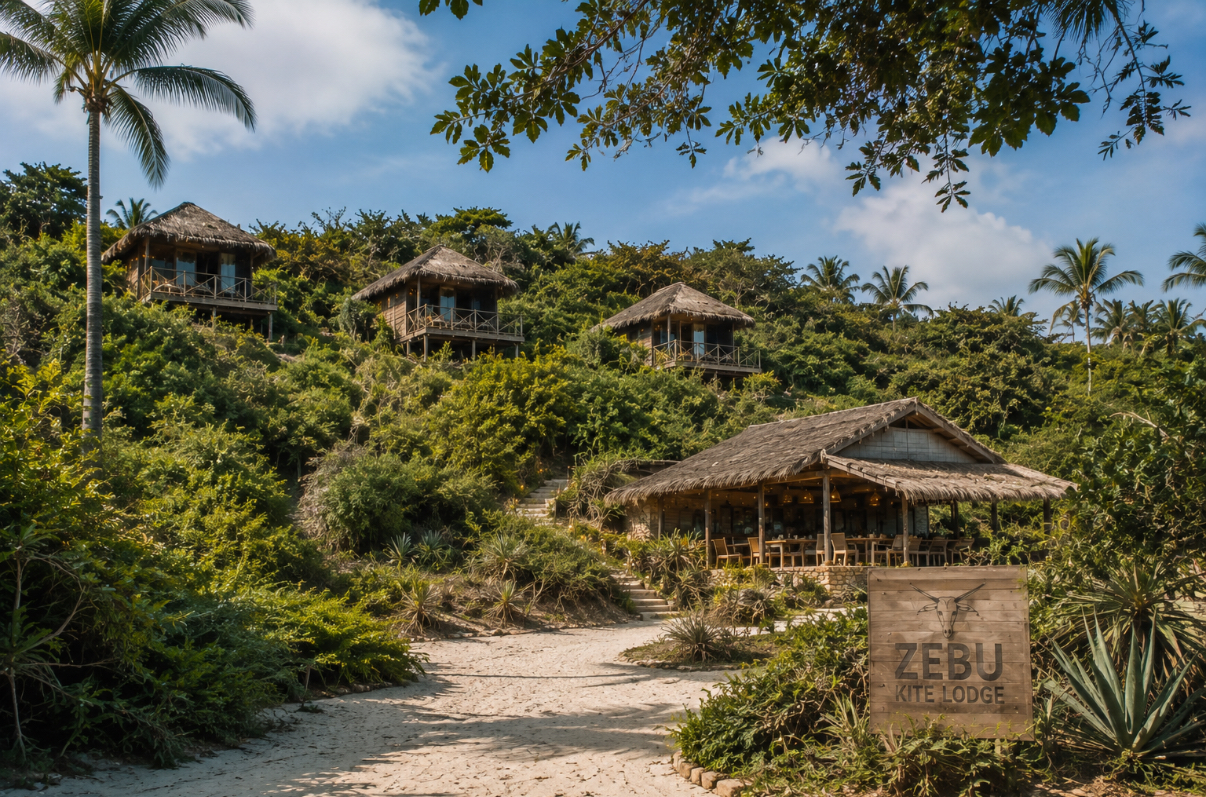 Thatched bungalows above the beach path at Zebu Kite Lodge