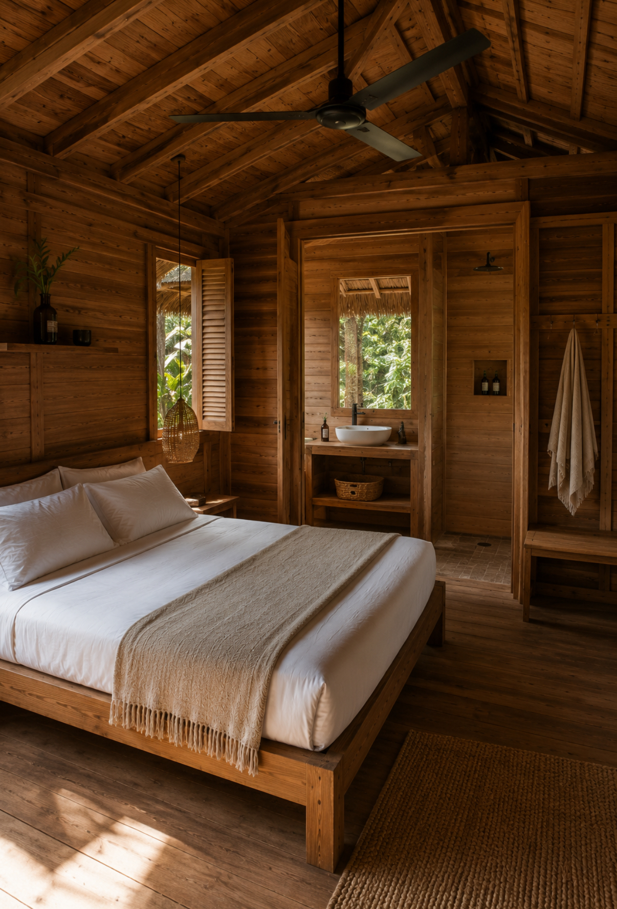 Warm wooden bungalow interior with a king bed, linen throw and open-air shower