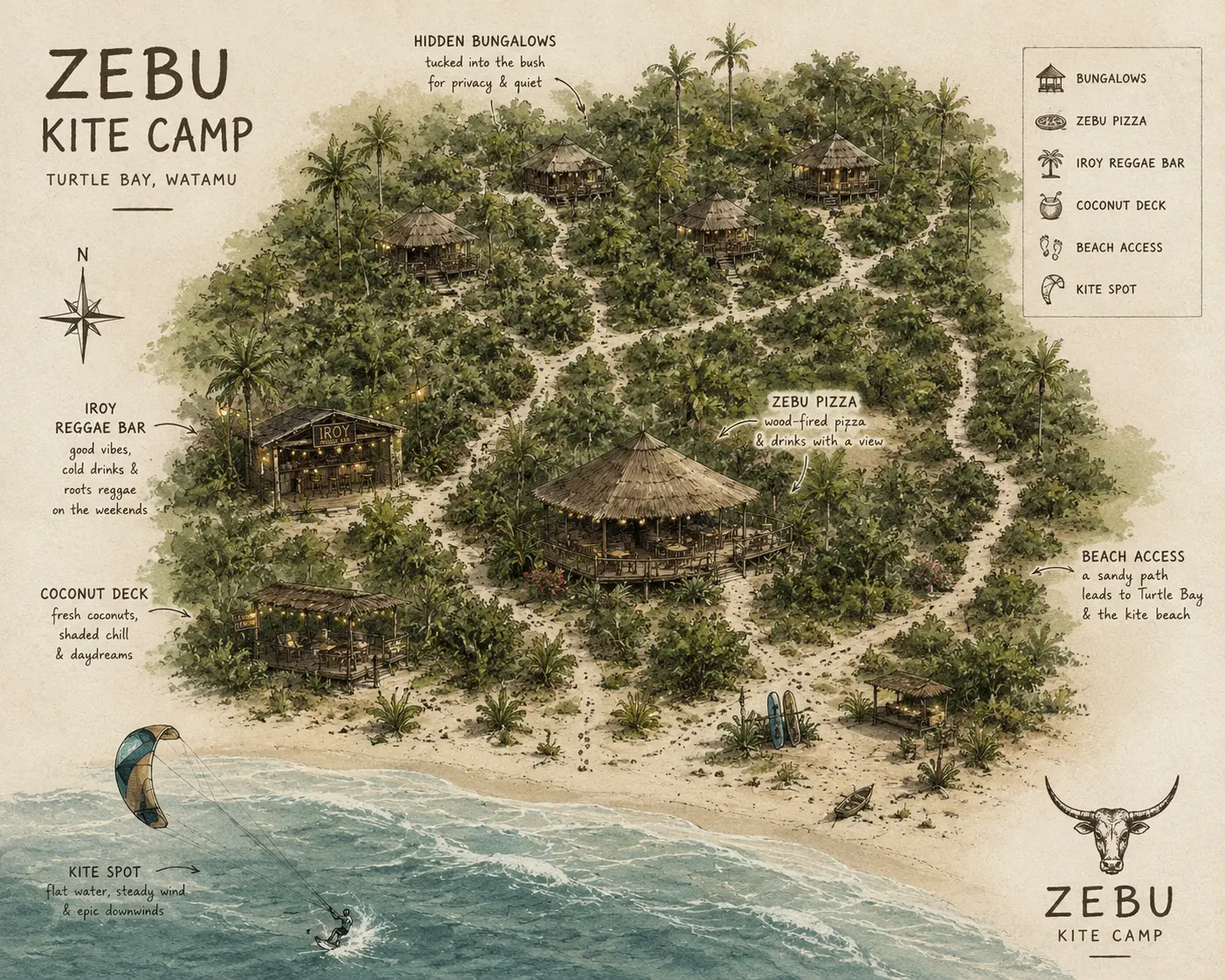 Illustrated map of Zebu Kite Camp at Turtle Bay, Watamu