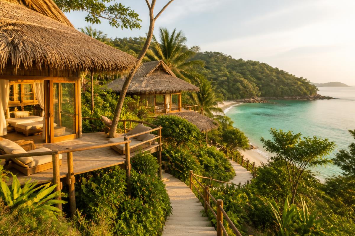 Wooden beachfront villas with thatched roofs overlooking a calm turquoise lagoon